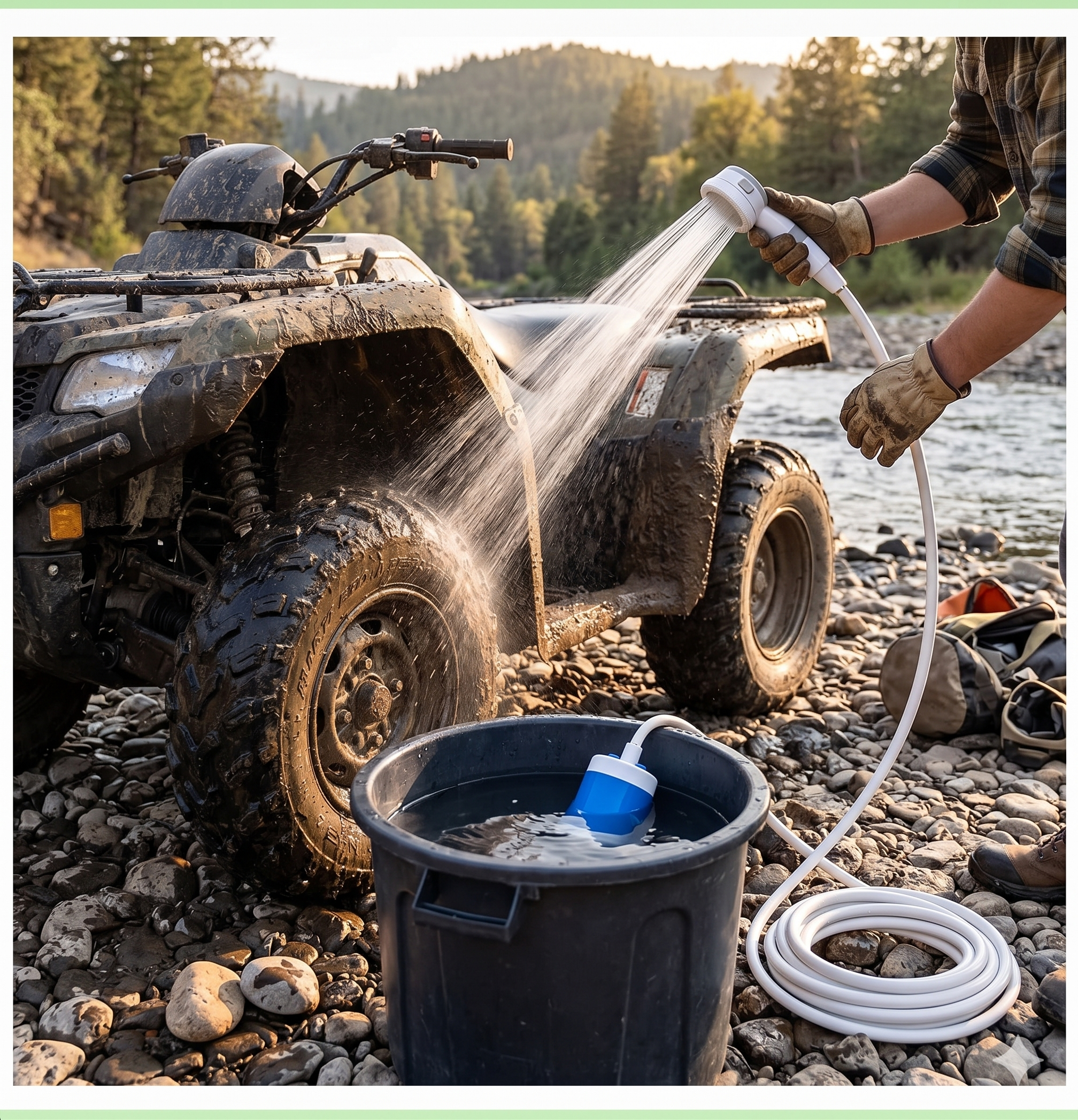 A man in work gloves hosing mud off a quad bike beside a river with the portable shower, the pump in a bucket of water at golden hour