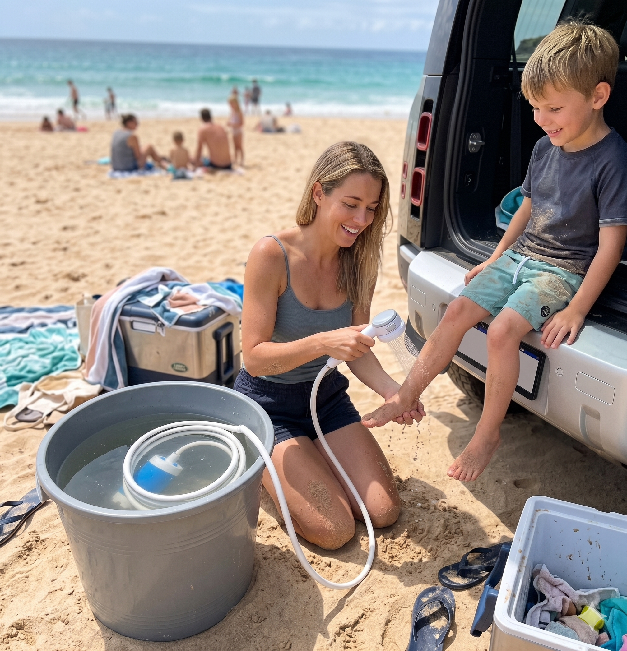 A smiling mom rinsing sand off her son's foot at the beach with the portable shower, the pump in a bucket beside their SUV tailgate