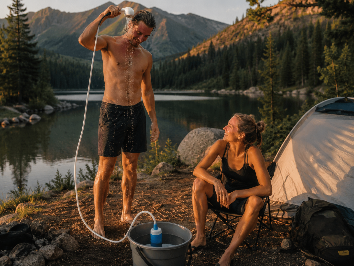 A man showering at a mountain lakeside campsite with the portable shower while his partner smiles from a camp chair by the tent at sunset