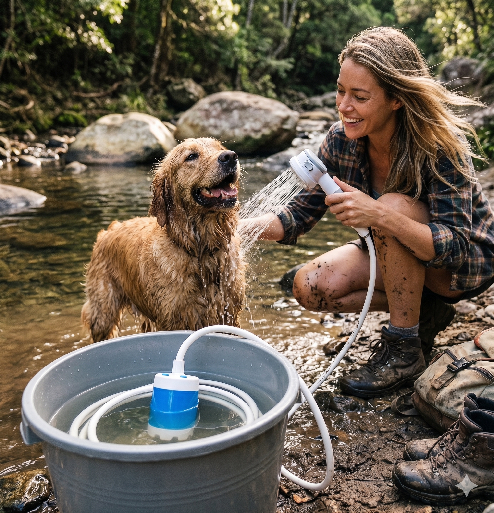 A smiling woman washing her wet golden retriever in a creek with the portable shower, the pump in a bucket and muddy hiking boots beside her