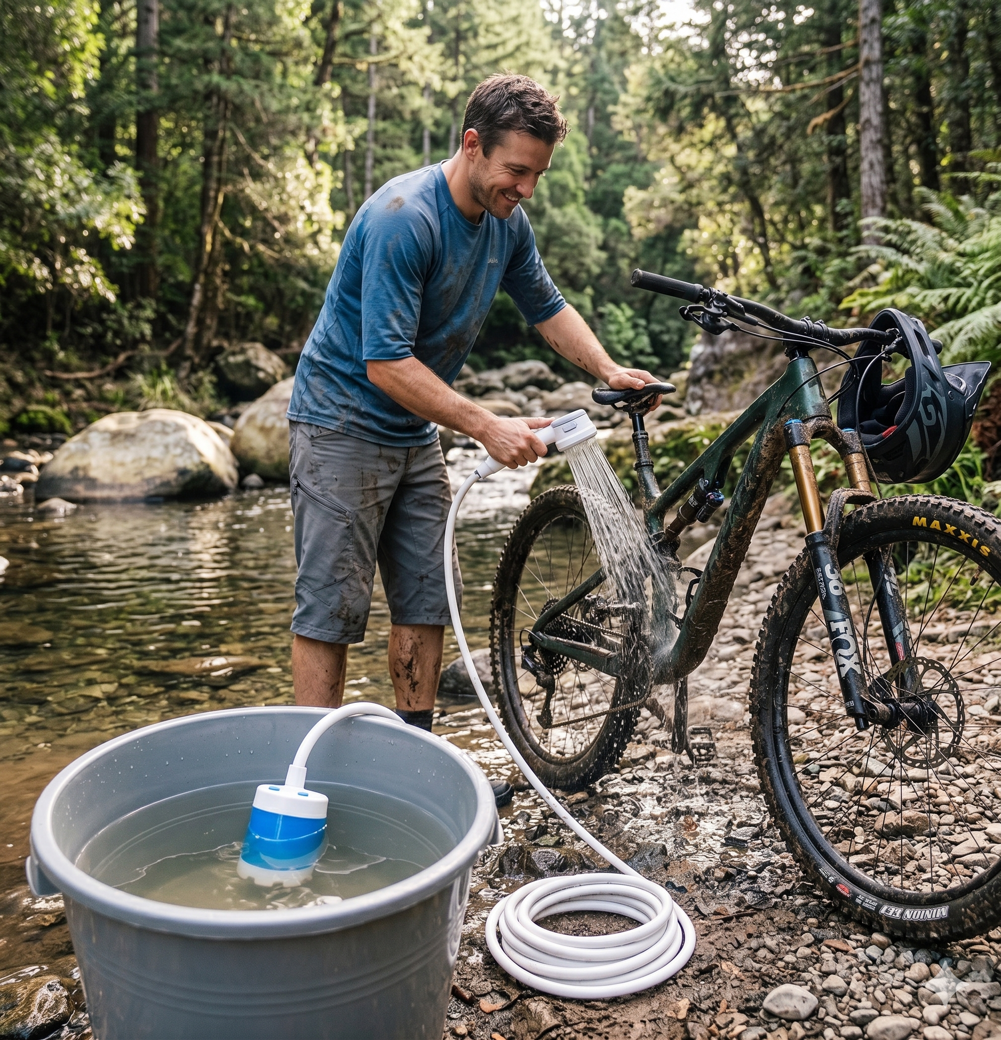 A smiling man rinsing mud off his mountain bike beside a forest creek with the portable shower, the pump in a bucket and hose coiled on the rocks