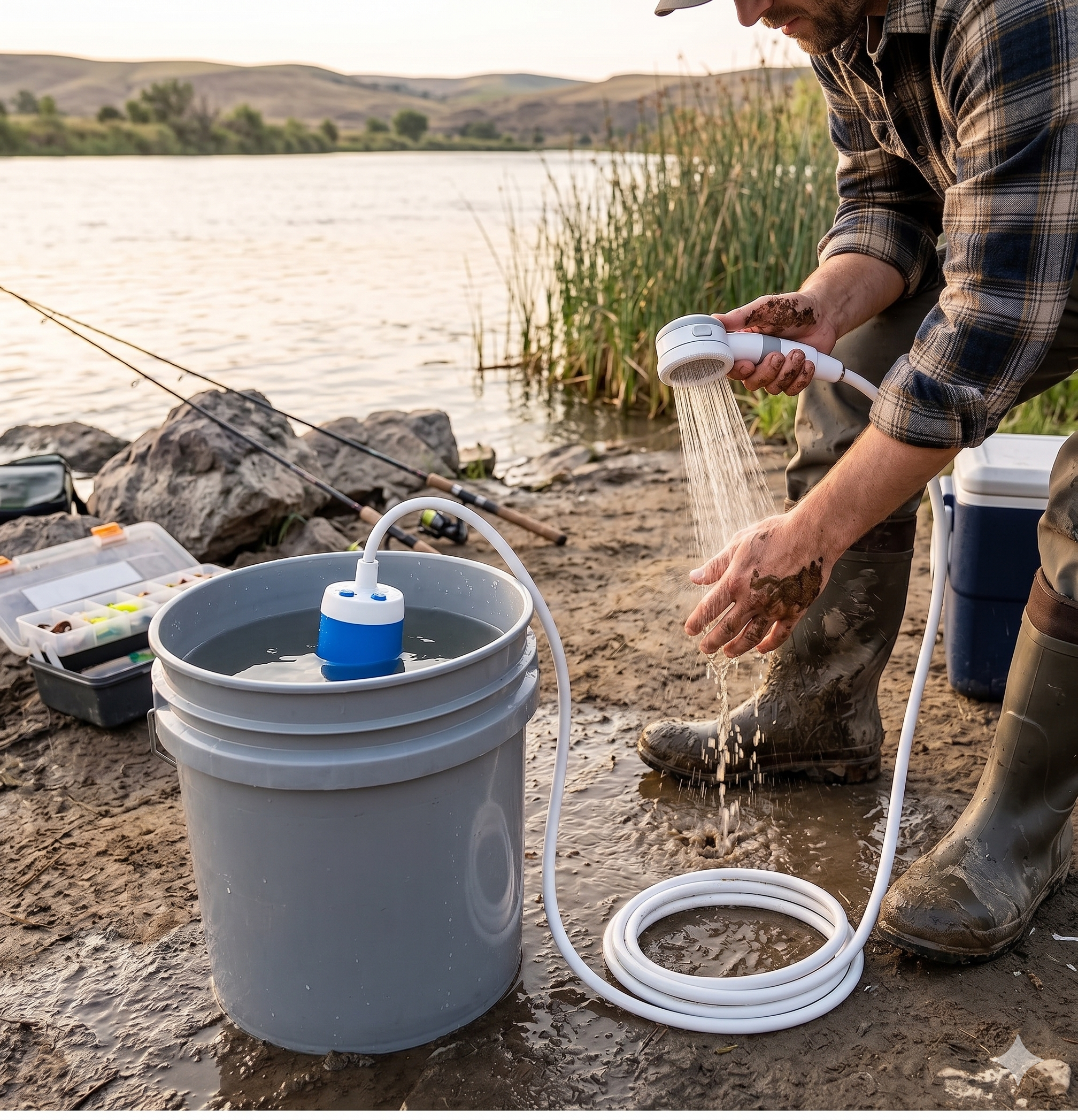 An angler in waders rinsing muddy hands lakeside with the portable shower, the pump in a bucket beside his tackle box and rod at golden hour