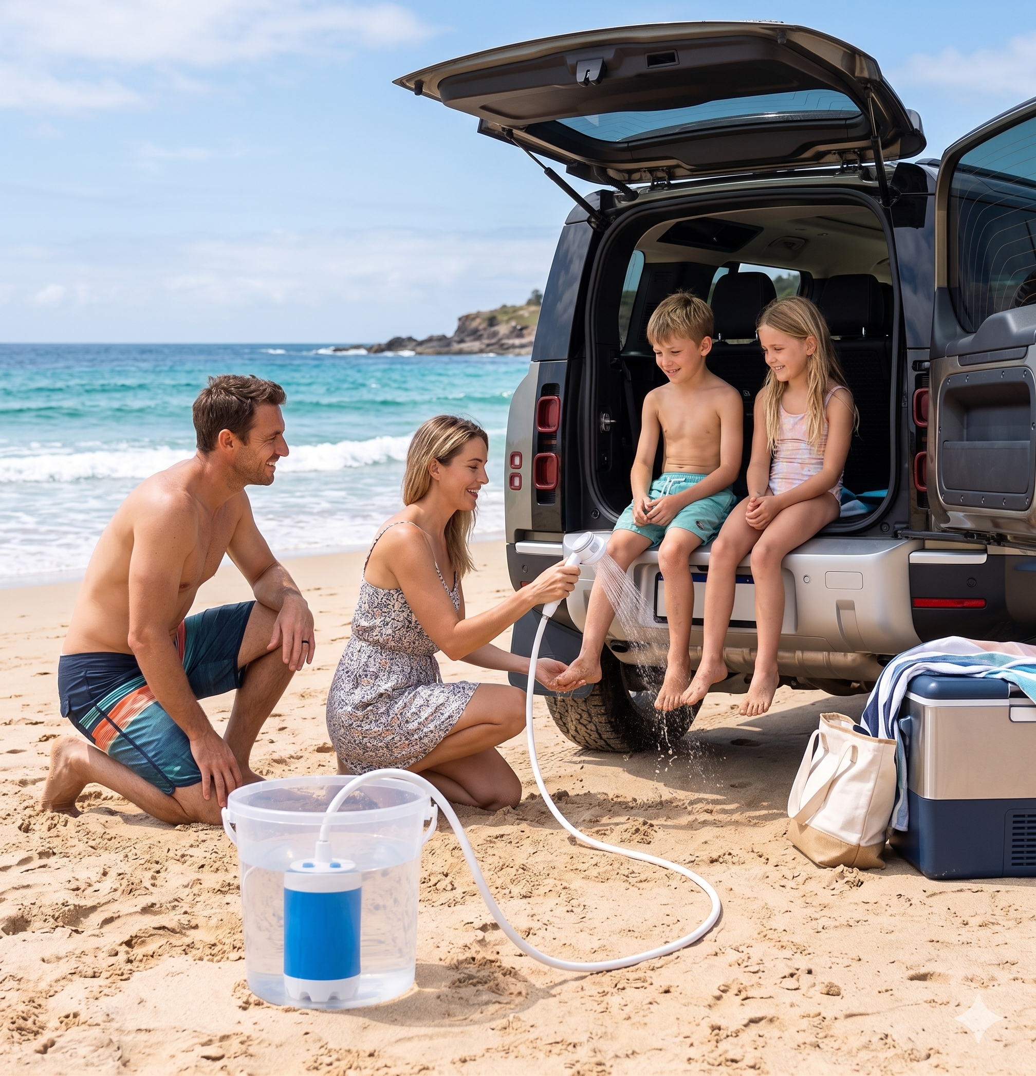A family at the beach rinsing off sandy feet with the portable shower at the open tailgate of their SUV, kids sitting on the bumper, cooler and beach bag nearby