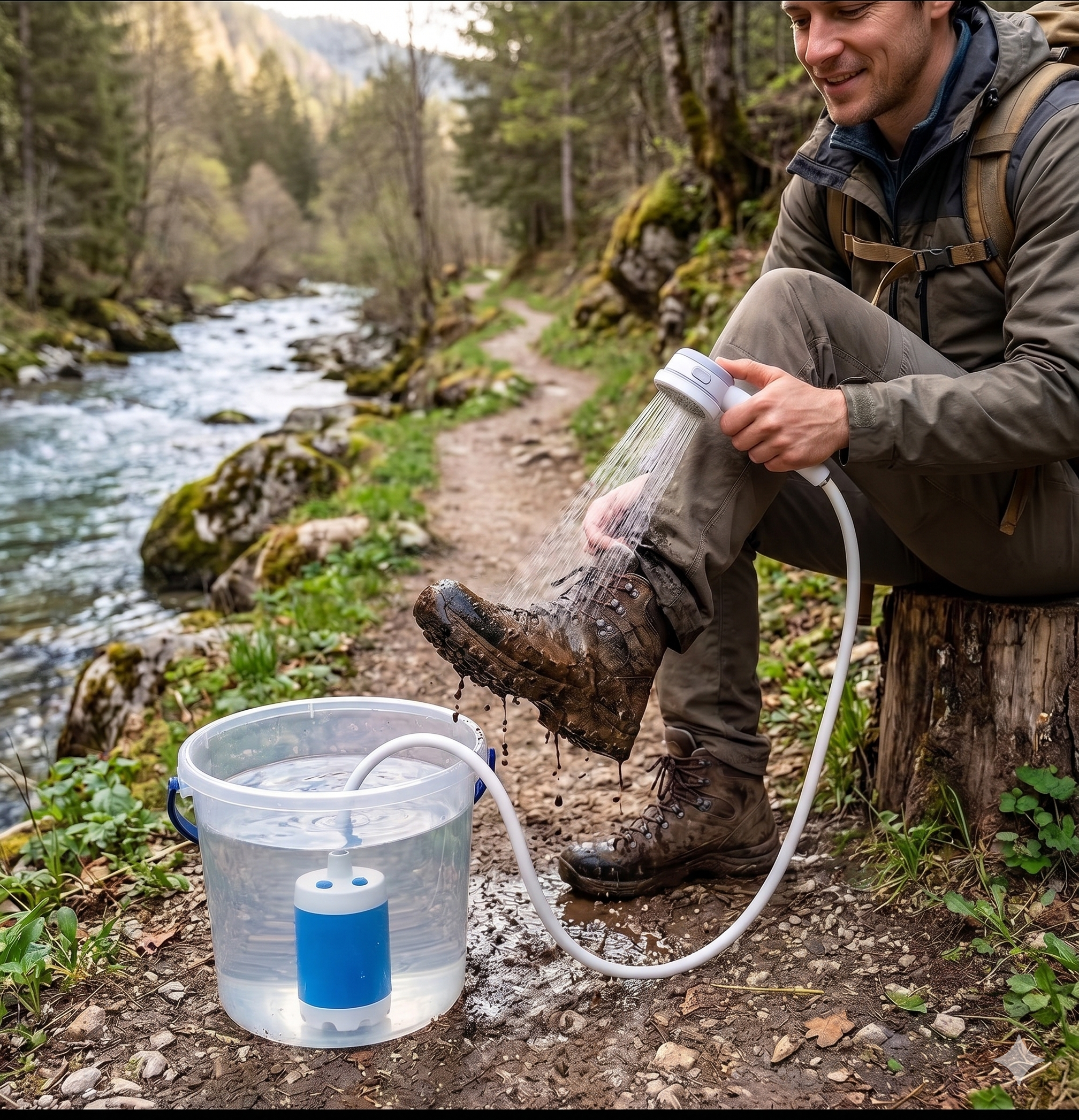 A hiker on a forest trail beside a stream rinsing a muddy boot with the portable shower, the pump sitting in a clear bucket of water