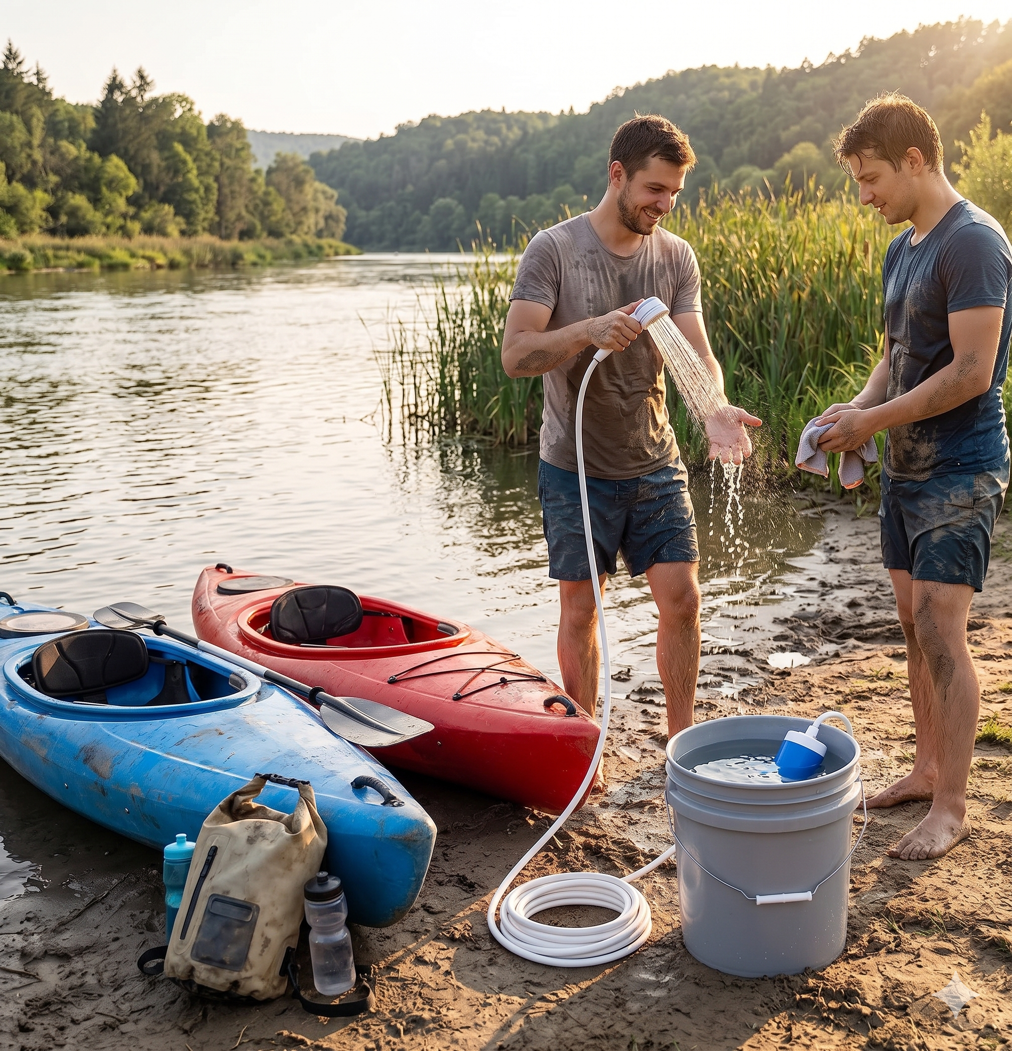 Two kayakers rinsing off on a riverbank at sunset with the portable shower, the pump in a bucket beside their red and blue kayaks