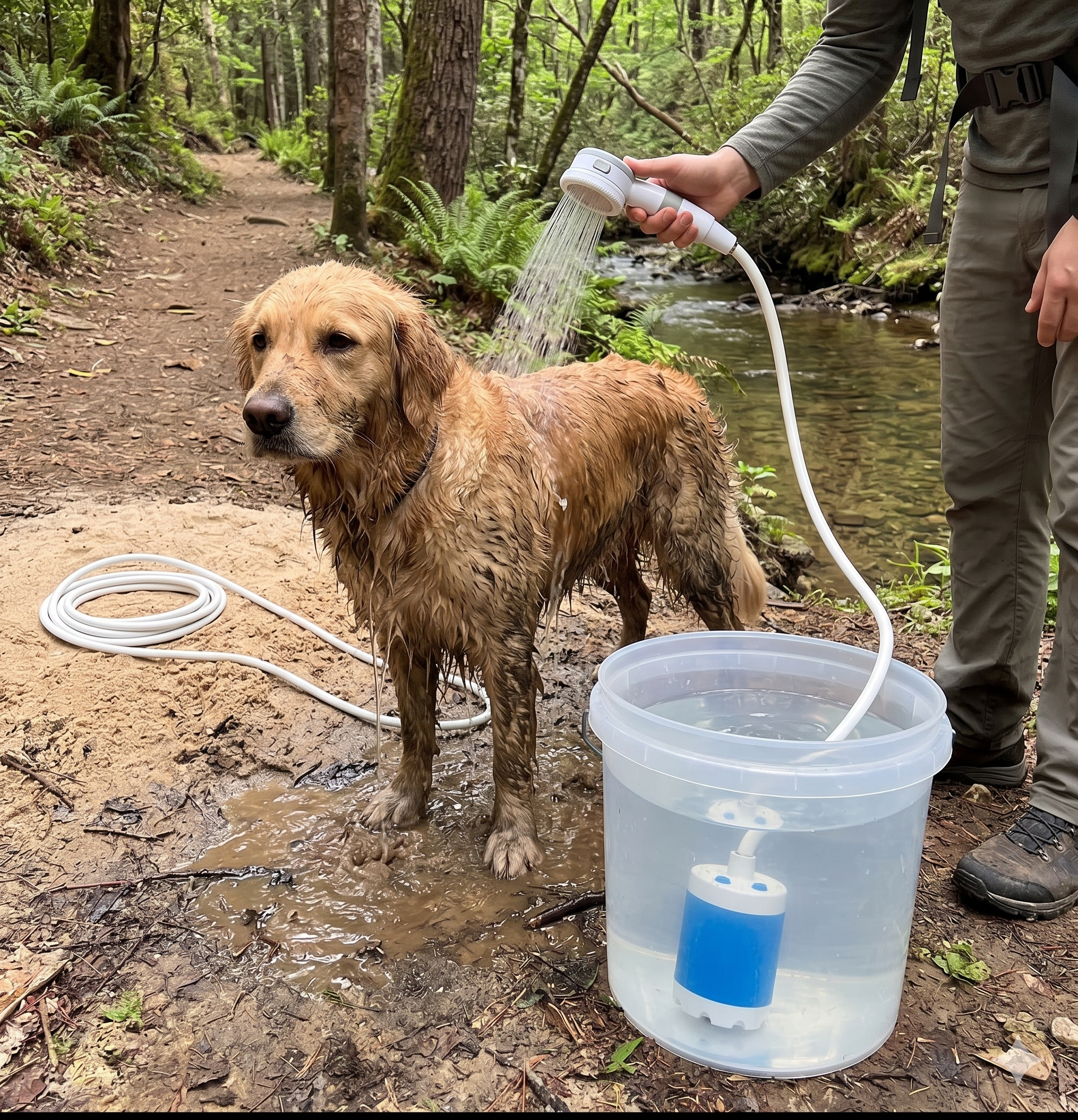 A muddy golden retriever being rinsed off on a forest trail with the portable shower, the pump submerged in a clear bucket of creek water