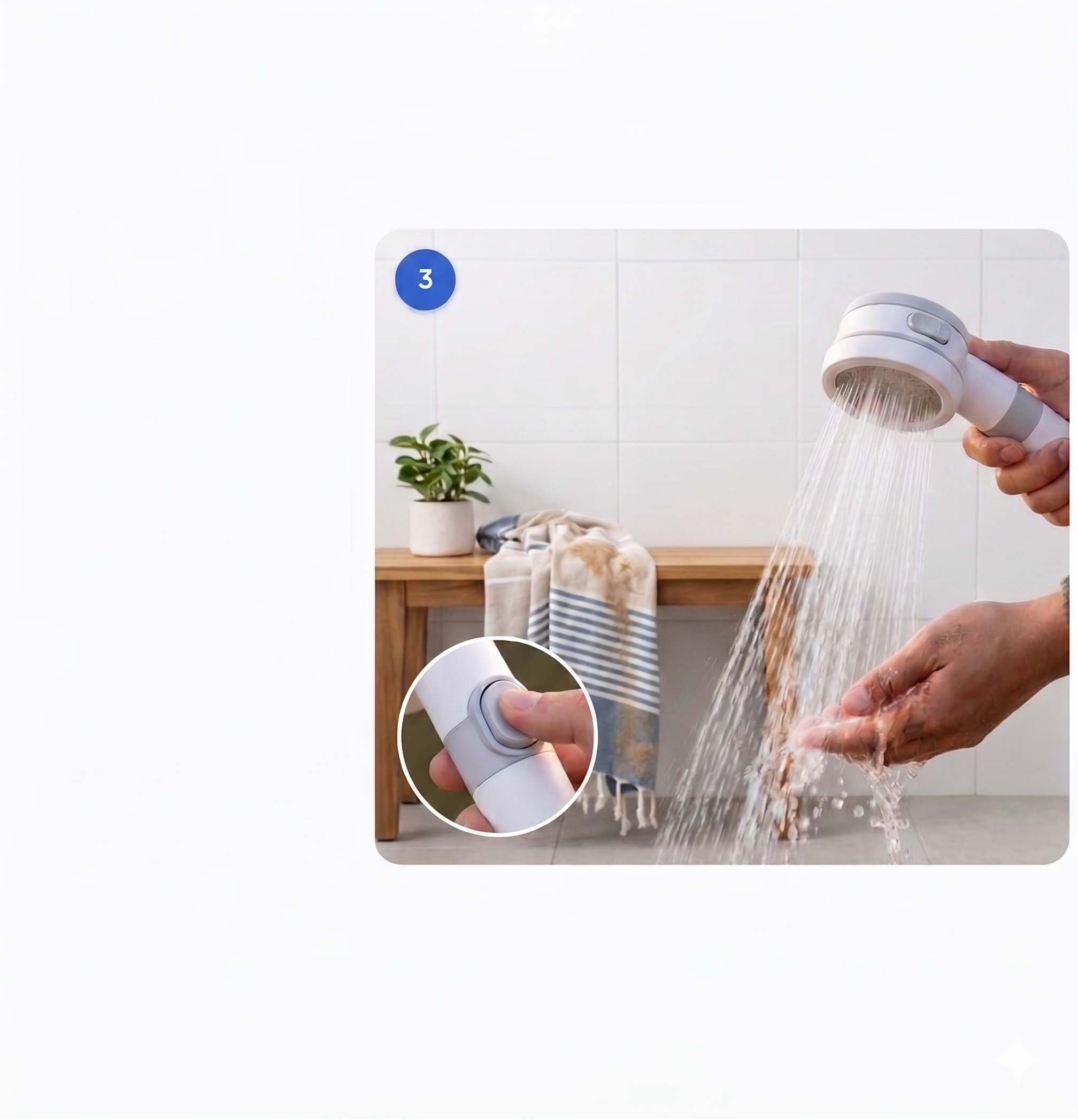 A hand pressing the power button on the portable shower head as water sprays over an open palm, with a close-up inset of the one-touch button