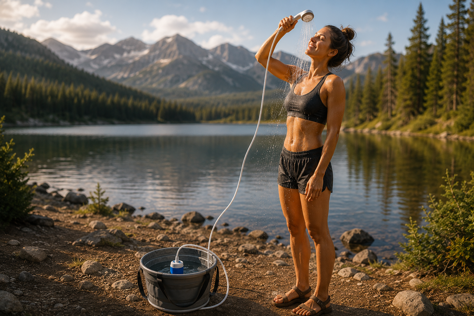 A woman in activewear enjoying a refreshing shower over her face beside a mountain lake, the portable shower pump in a bucket at her feet